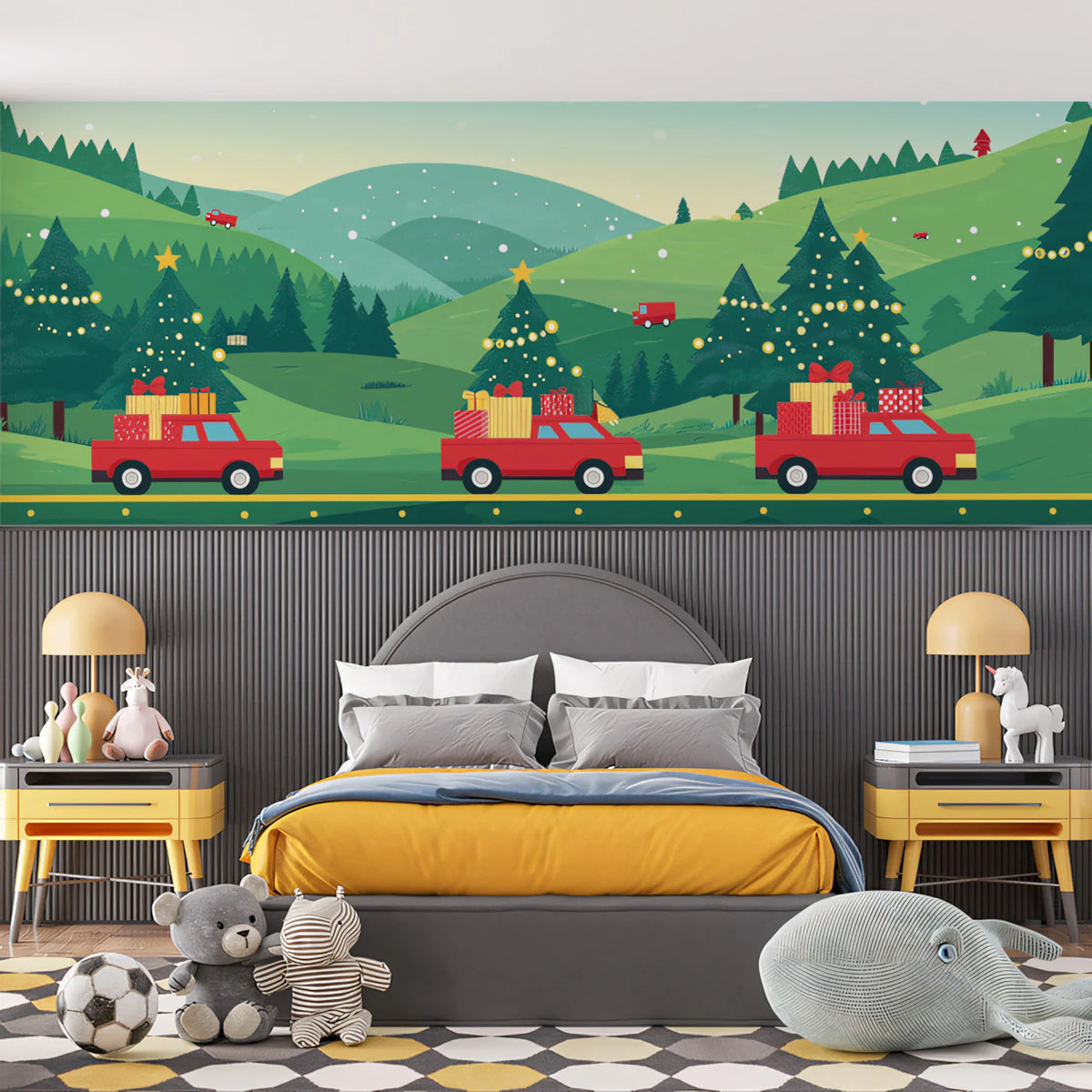 Vintage Holiday Road Trip Mural Wallpaper — Festive Festive Scene Mural Wallpaper - pure wallpaper artwork