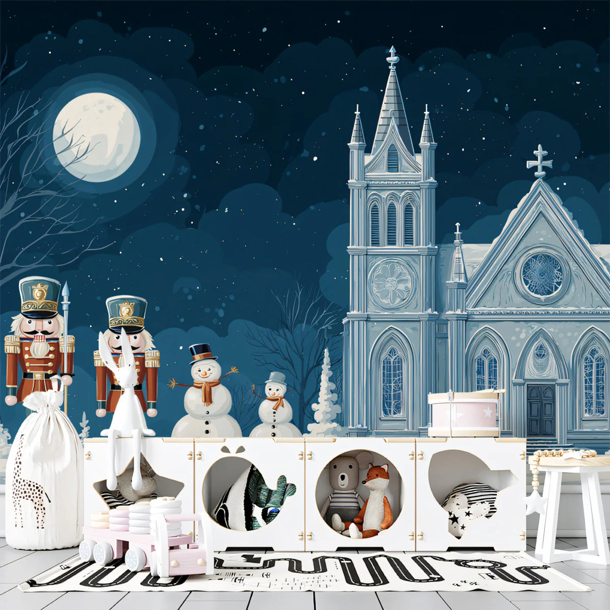 Winter Cathedral Holiday Mural Wallpaper — Whimsical Night Scene Mural Wallpaper - pure wallpaper artwork