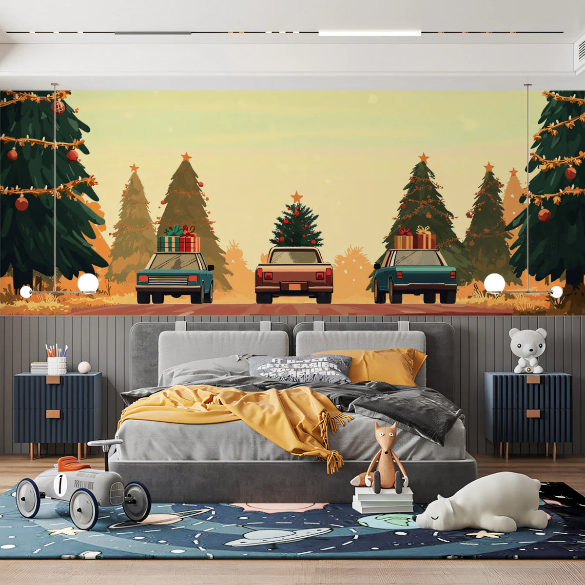 Vintage Holiday Road Trip Mural Wallpaper — Nostalgic Winter Scene Mural Wallpaper - pure wallpaper artwork