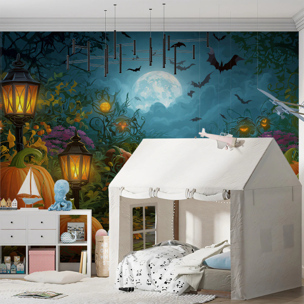 Midnight Pumpkin Patch Mural Wallpaper with Glowing Lanterns Mural Wallpaper - pure wallpaper artwork