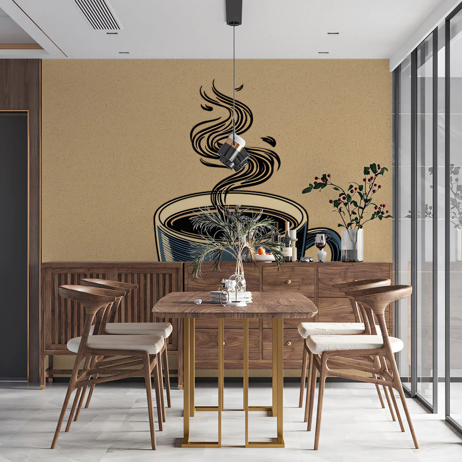 Steaming Coffee Cup Mural Wallpaper — Vintage Illustration Style Mural Wallpaper