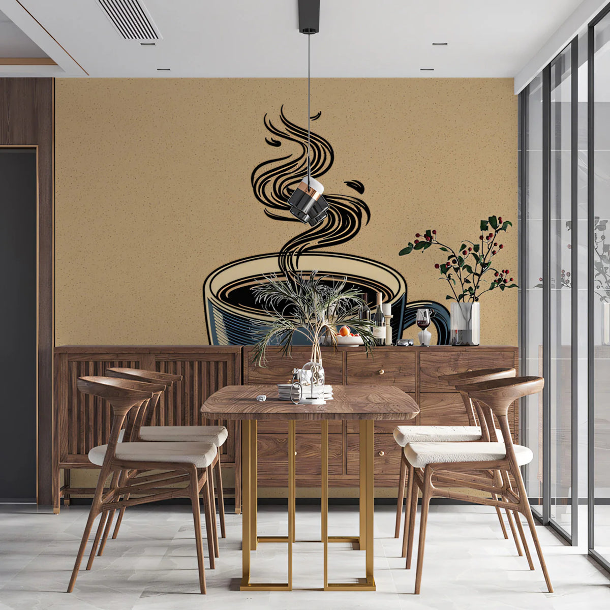 Steaming Coffee Cup Mural Wallpaper — Vintage Illustration Style Mural Wallpaper - pure wallpaper artwork