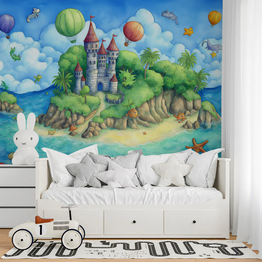 Island Castle and Marine Life Mural Wallpaper — Whimsical Storybook Art Mural Wallpaper