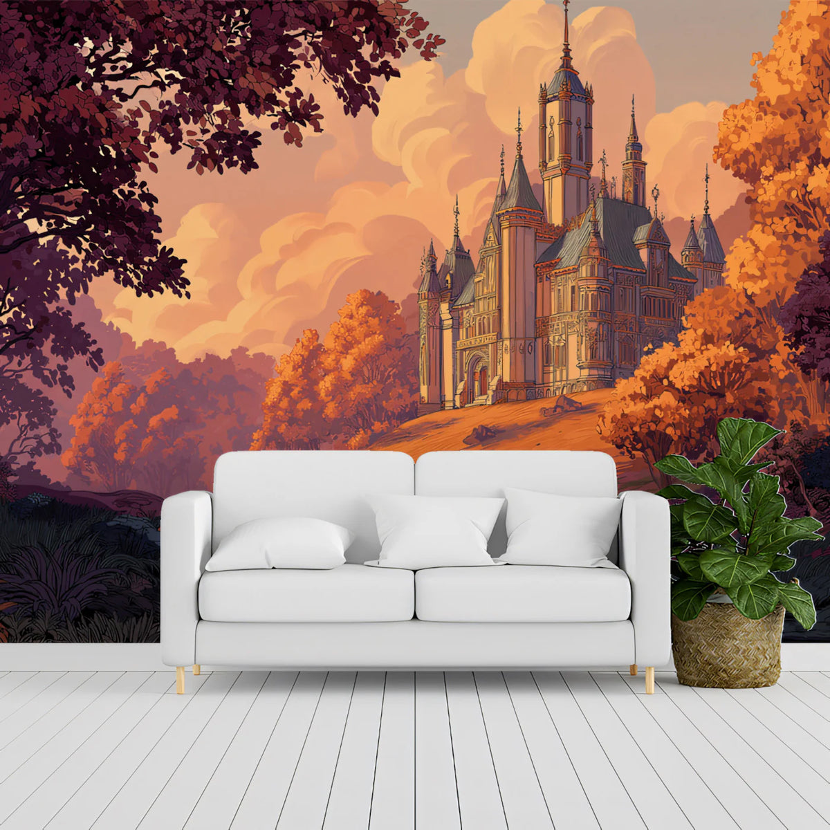 Autumnal Fortress Mural Wallpaper — Romantic Landscape Design Mural Wallpaper - pure wallpaper artwork