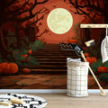 Full Moon Pumpkin Stairway Mural Wallpaper — Gothic Halloween Scene Mural Wallpaper - pure wallpaper artwork