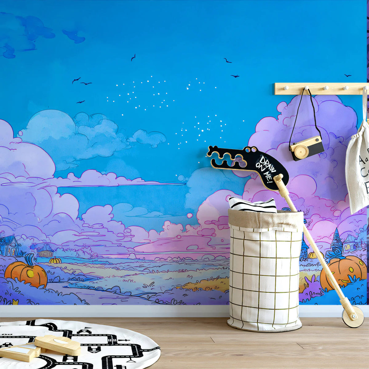 Whimsical Pumpkin Patch Mural Wallpaper — Pastel Twilight Landscape Mural Wallpaper - pure wallpaper artwork