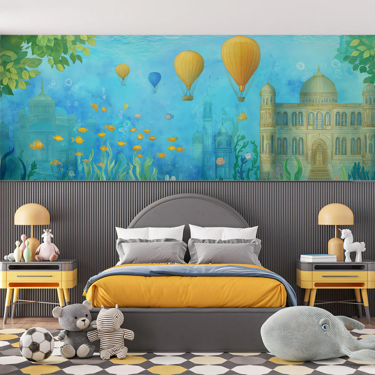 Sunken Fantasy Castle Mural Wallpaper with Floating Balloons Mural Wallpaper - pure wallpaper artwork
