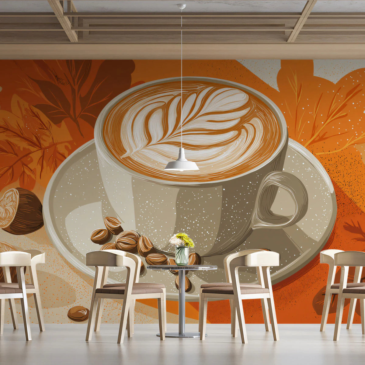 Autumn Harvest Latte Mural Wallpaper — Cozy Seasonal Coffee Design Mural Wallpaper - pure wallpaper artwork