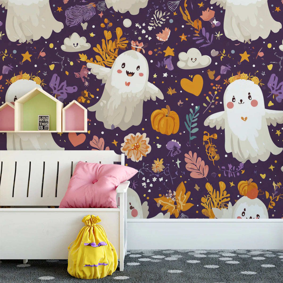 Whimsical Ghost Friends Mural Wallpaper — Playful Halloween Decor Mural Wallpaper - pure wallpaper artwork