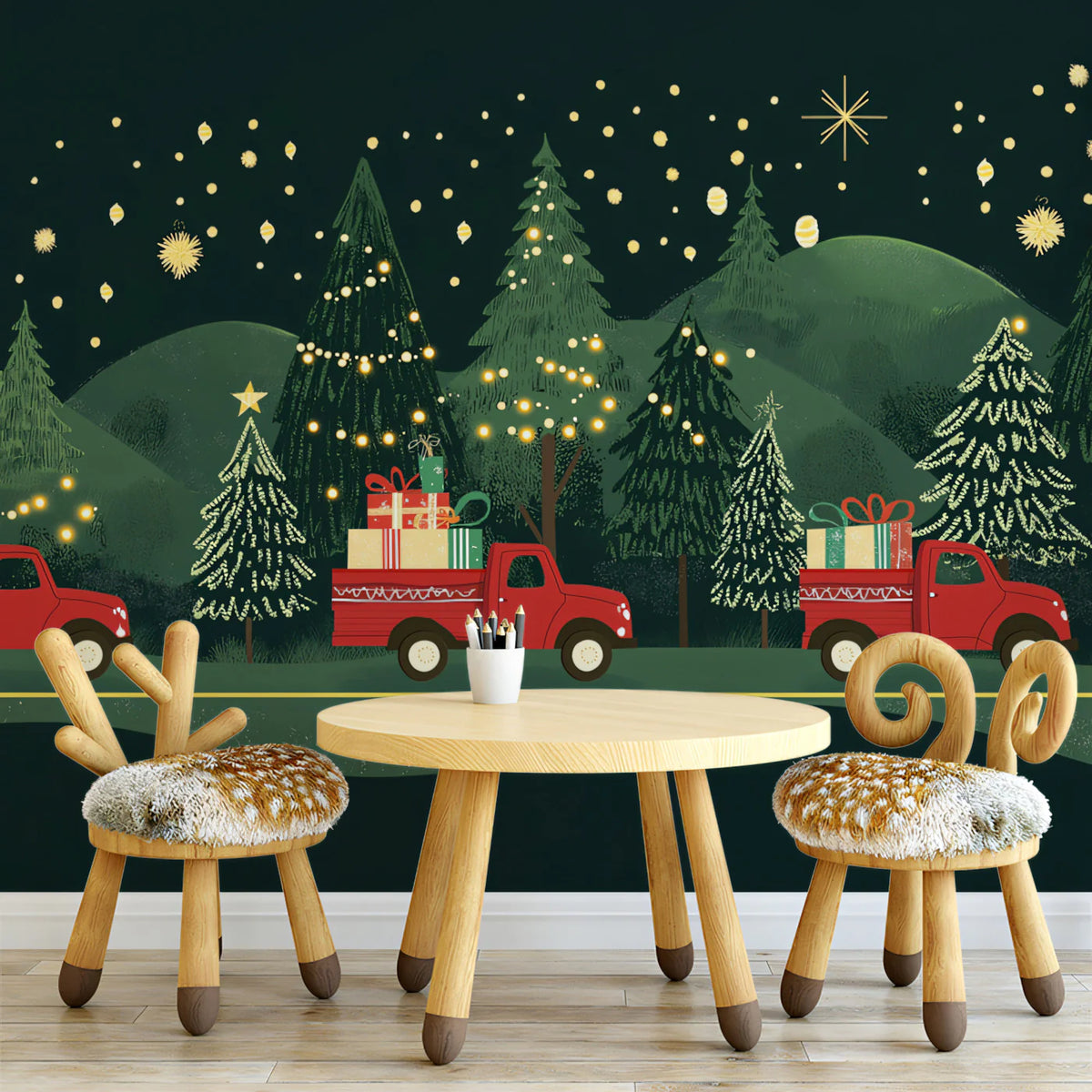 Rustic Christmas Truck Mural Wallpaper — Festive Holiday Decor Mural Wallpaper - pure wallpaper artwork