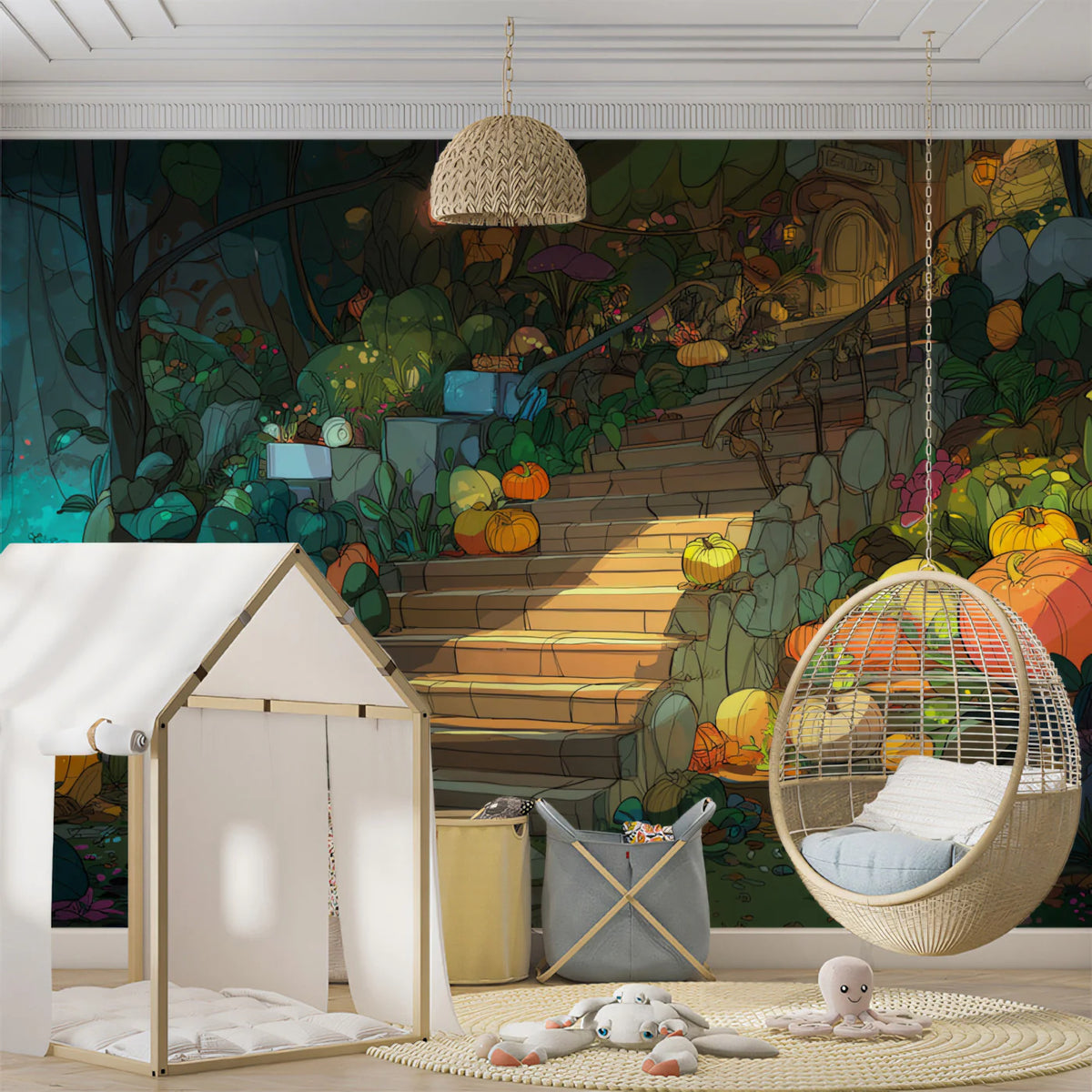 Enchanted Pumpkin Stairway Mural Wallpaper — Whimsical Garden Scene Mural Wallpaper - pure wallpaper artwork