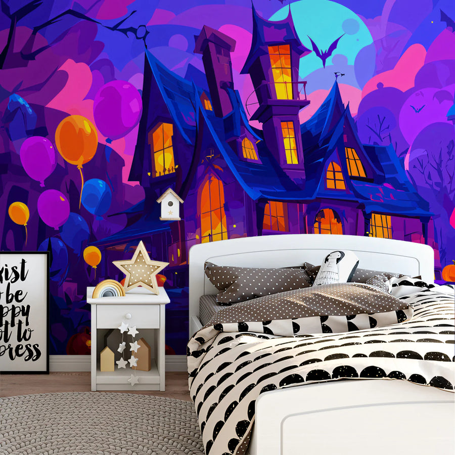 Haunted Mansion Night Mural Wallpaper — Vibrant Halloween Scene Mural Wallpaper