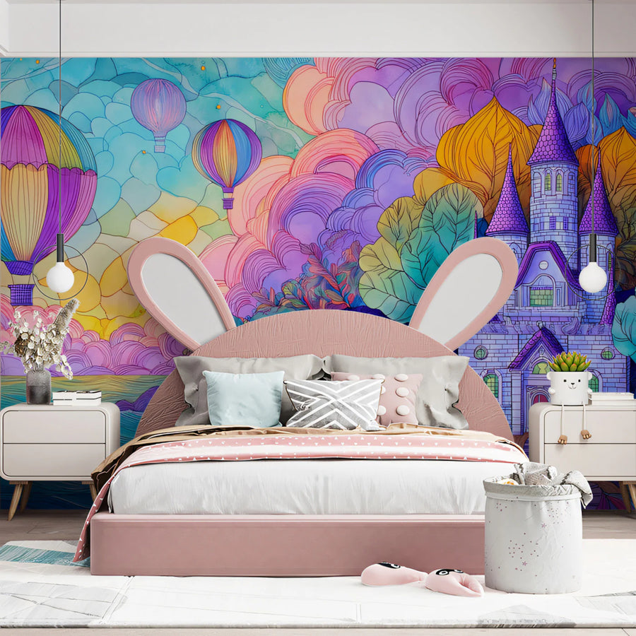 Fantasy Castle & Hot Air Balloon Mural Wallpaper — Dreamy Coastal Art Mural Wallpaper