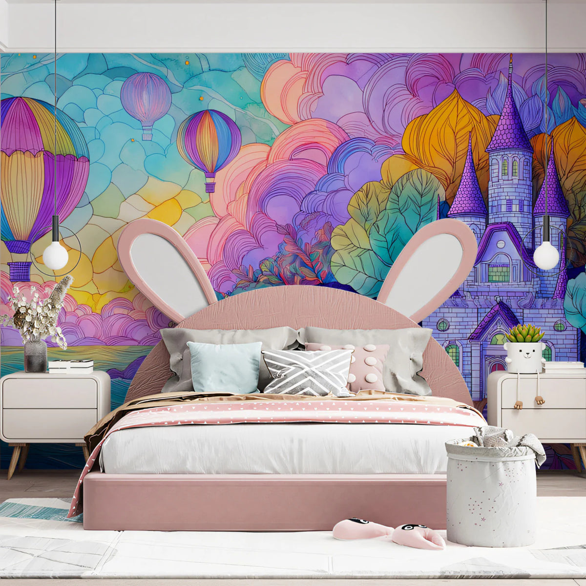 Fantasy Castle & Hot Air Balloon Mural Wallpaper — Dreamy Coastal Art Mural Wallpaper - pure wallpaper artwork