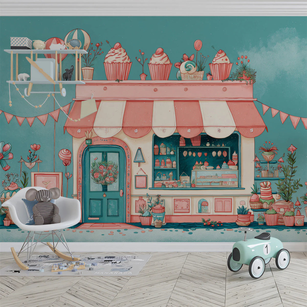 Pastel Confectionery Boutique Mural Wallpaper — Whimsical Shop Design Mural Wallpaper - pure wallpaper artwork