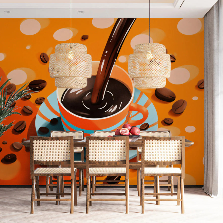 Coffee Pour Pop Art Mural Wallpaper — Vibrant Orange & Blue Coffee Mural Wallpaper