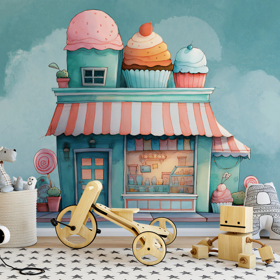 Whimsical Cupcake Shop Mural Wallpaper — Pastel Boutique Scene Mural Wallpaper