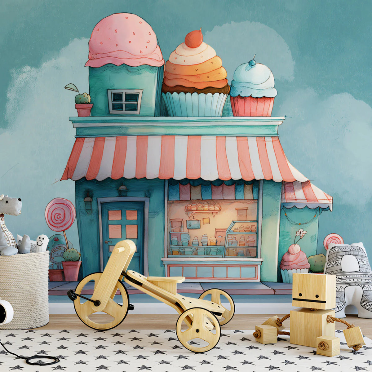 Whimsical Cupcake Shop Mural Wallpaper — Pastel Boutique Scene Mural Wallpaper - pure wallpaper artwork