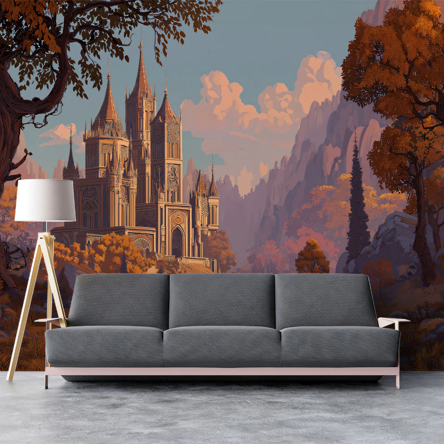 Autumn Valley Castle Mural Wallpaper — Romantic Landscape Art Mural Wallpaper