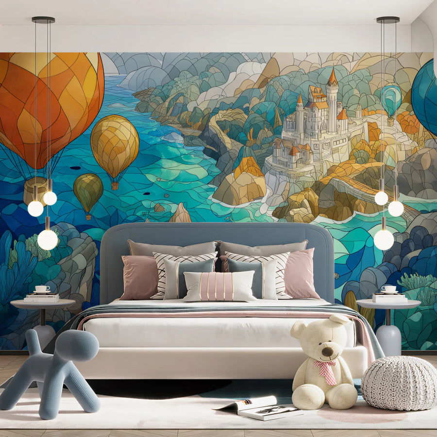 Stained Glass Coastal Castle Mural Wallpaper — Whimsical Fantasy Mural Wallpaper
