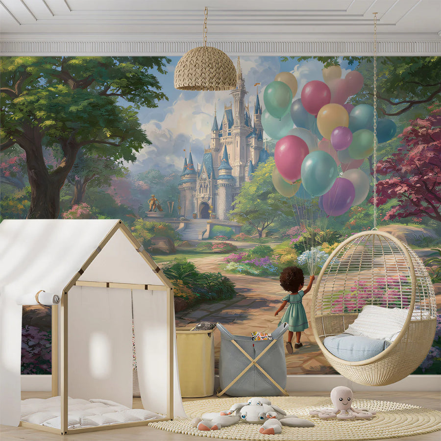 Fairytale Castle Path Mural Wallpaper with Pastel Balloons Mural Wallpaper