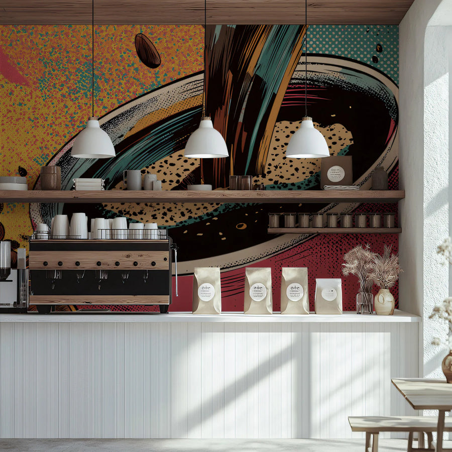 Coffee Splash Pop Art Mural Wallpaper — Energetic Retro Design Mural Wallpaper