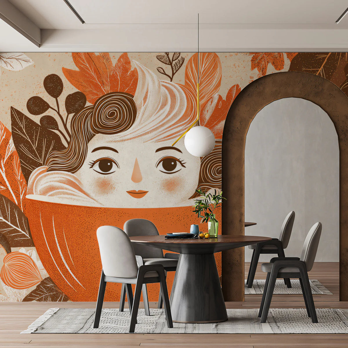 Autumn Coffee Girl Mural Wallpaper — Cozy Whimsical Illustration Mural Wallpaper - pure wallpaper artwork