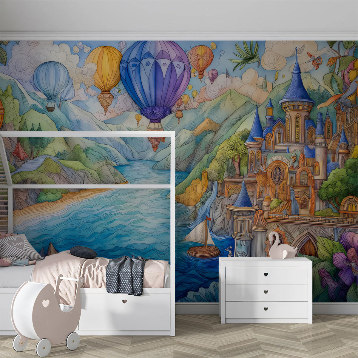 Fantasy Valley Castle Mural Wallpaper with Floating Hot Air Balloons Mural Wallpaper - pure wallpaper artwork