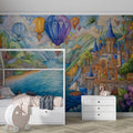 Fantasy Valley Castle Mural Wallpaper with Floating Hot Air Balloons Mural Wallpaper - pure wallpaper artwork