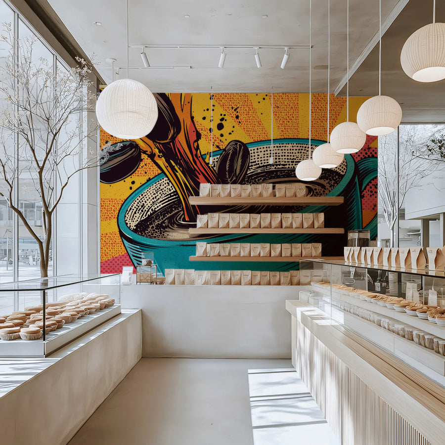 Coffee Pour Pop Art Mural Wallpaper — Energetic Graphic Design Mural Wallpaper