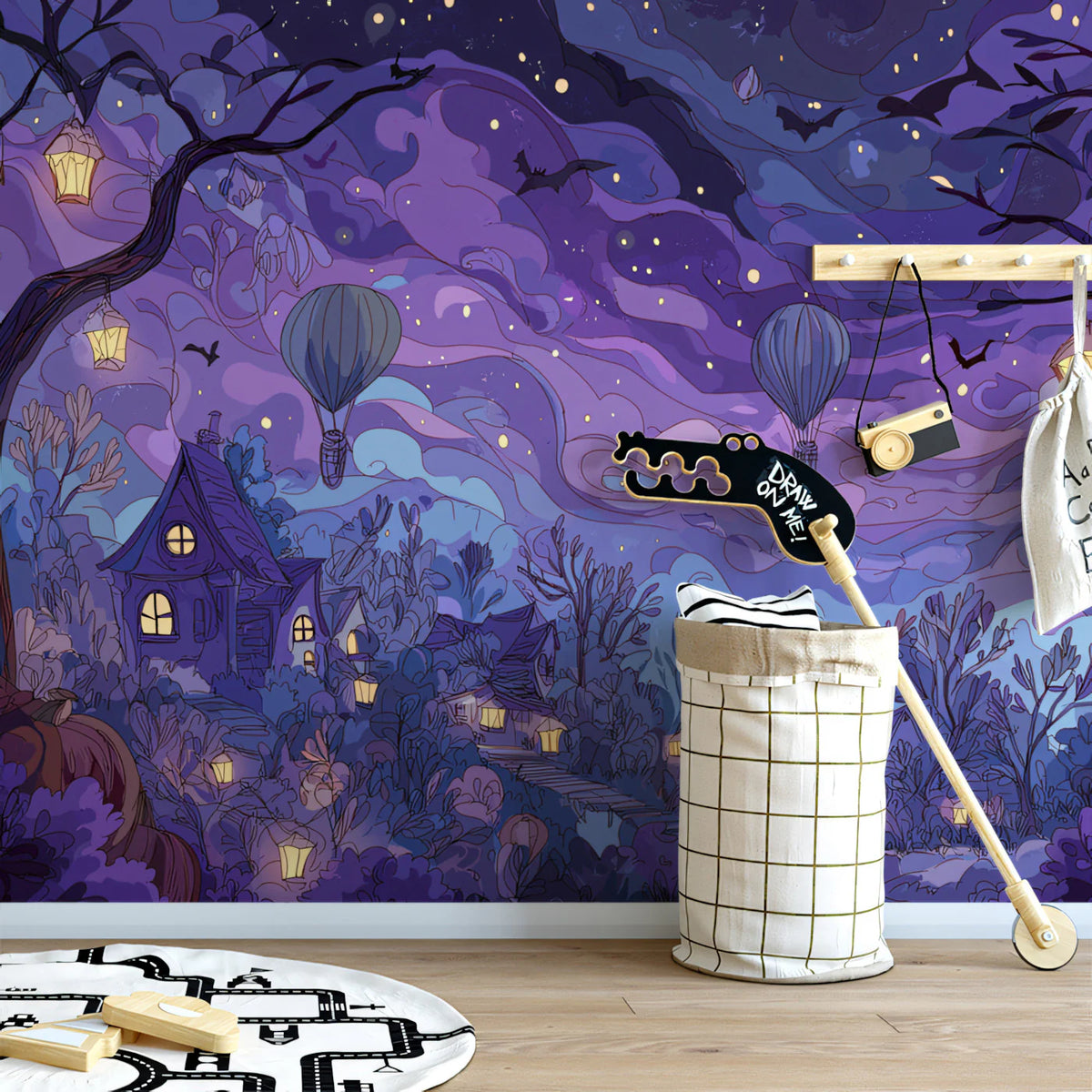 Purple Night Village Mural Wallpaper — Whimsical Landscape Art Mural Wallpaper - pure wallpaper artwork