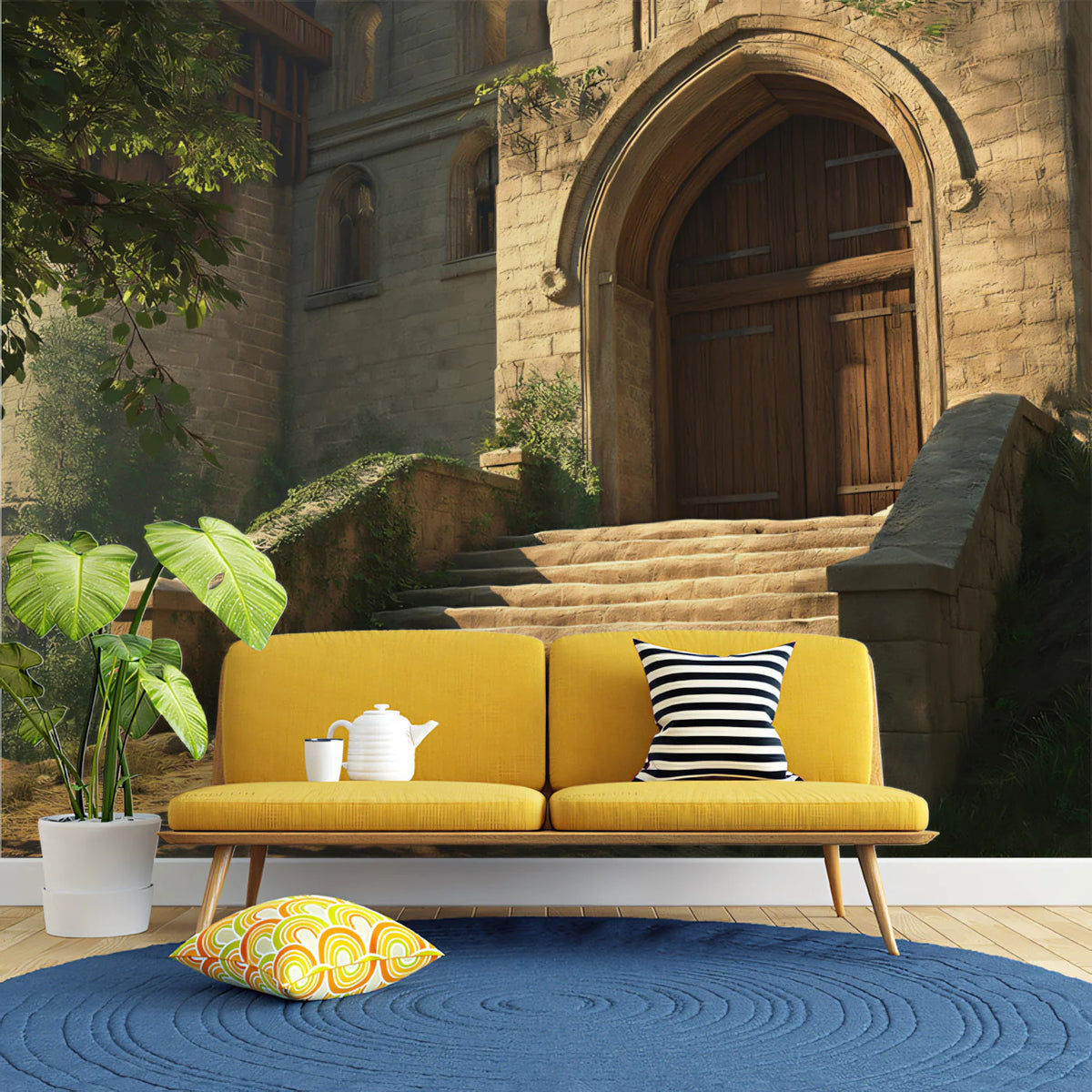 Stone Cottage Stairway Mural Wallpaper — Whimsical Forest Scene Mural Wallpaper - pure wallpaper artwork