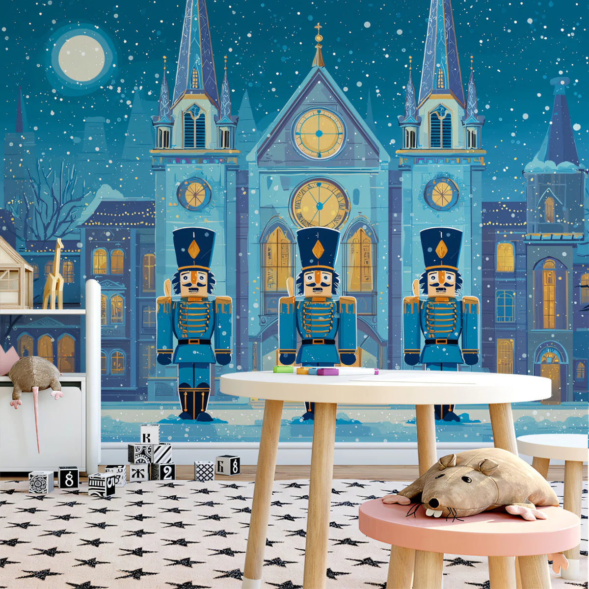 Winter Town Nutcracker Guard Mural Wallpaper — Holiday Night Scene Mural Wallpaper - pure wallpaper artwork