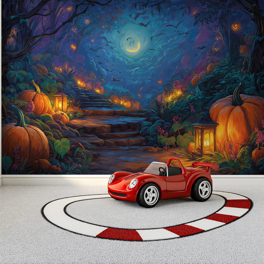 Midnight Pumpkin Forest Mural Wallpaper — Whimsical Night Landscape Mural Wallpaper