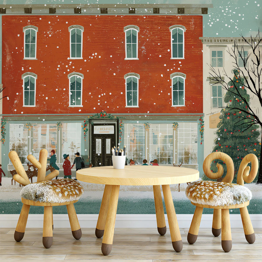 Winter City Streetscape Mural Wallpaper — Whimsical Holiday Scene Mural Wallpaper