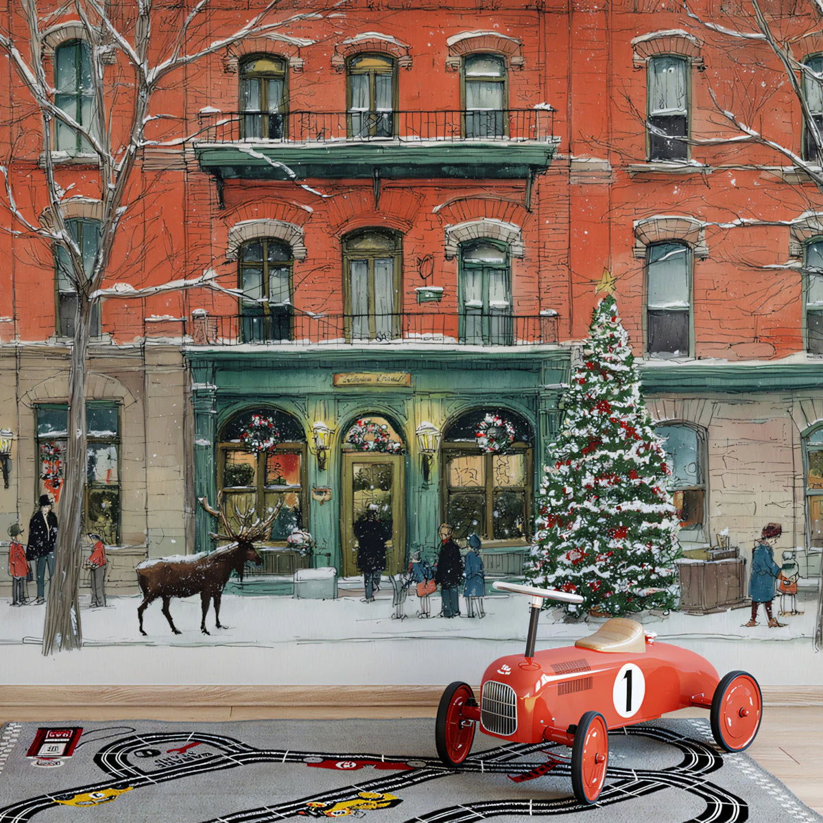 Snowy Holiday Town Square Mural Wallpaper — Whimsical Festive Scene Mural Wallpaper - pure wallpaper artwork
