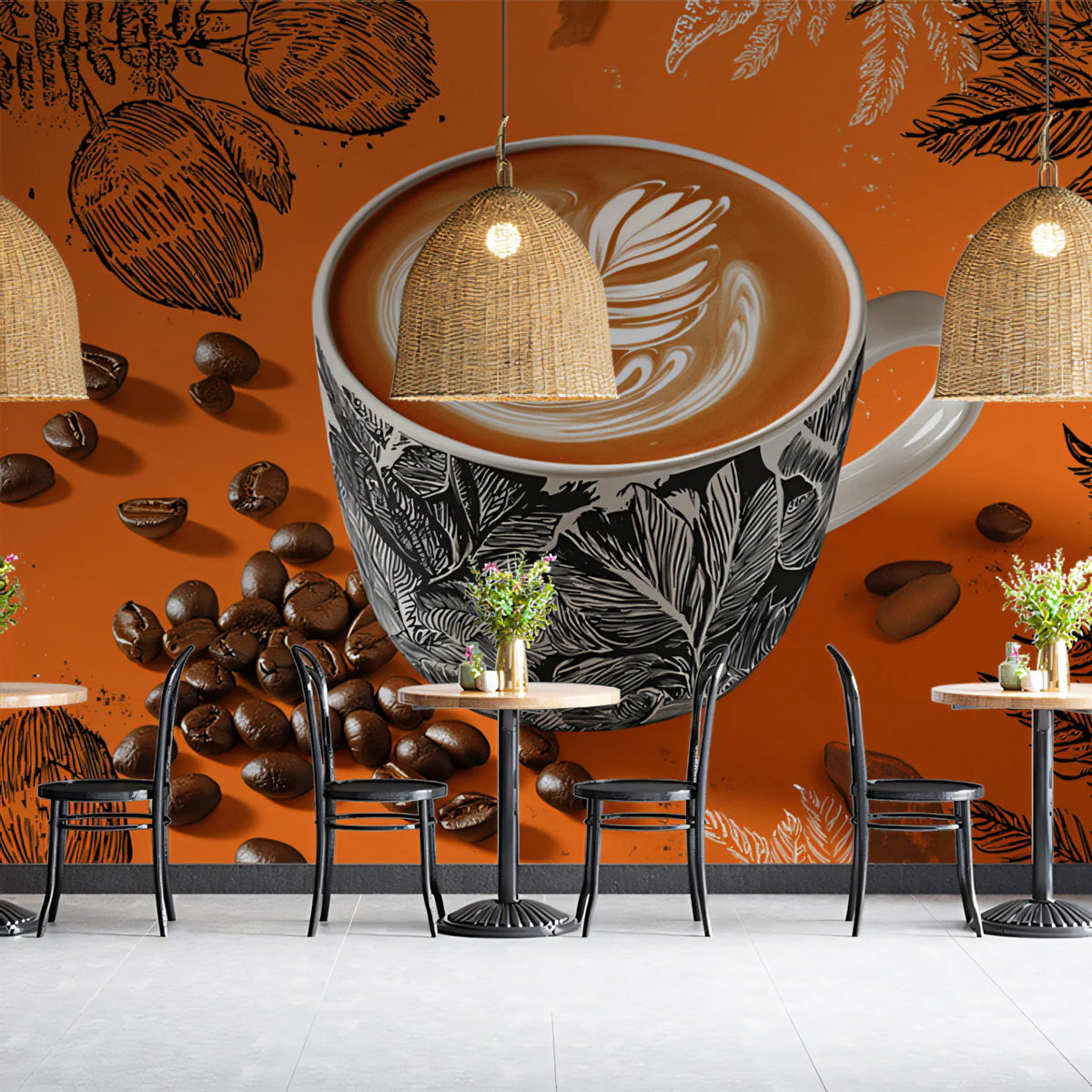 Barista Art Mural Wallpaper — Graphic Coffee Motif in Burnt Orange Mural Wallpaper - pure wallpaper artwork