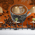 Barista Art Mural Wallpaper — Graphic Coffee Motif in Burnt Orange Mural Wallpaper - pure wallpaper artwork