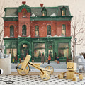 Snowy Holiday Townhouse Mural Wallpaper — Festive Winter Scene Mural Wallpaper - pure wallpaper artwork