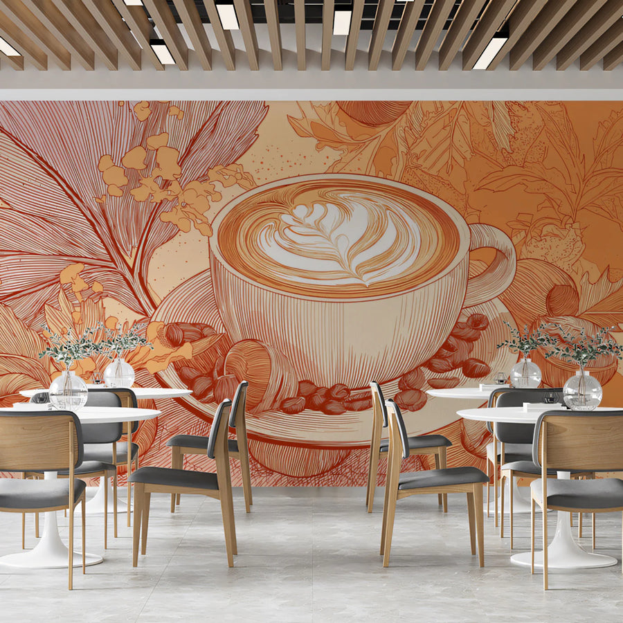 Autumn Latte & Seasonal Foliage Mural Wallpaper — Warm Sketch Art Mural Wallpaper