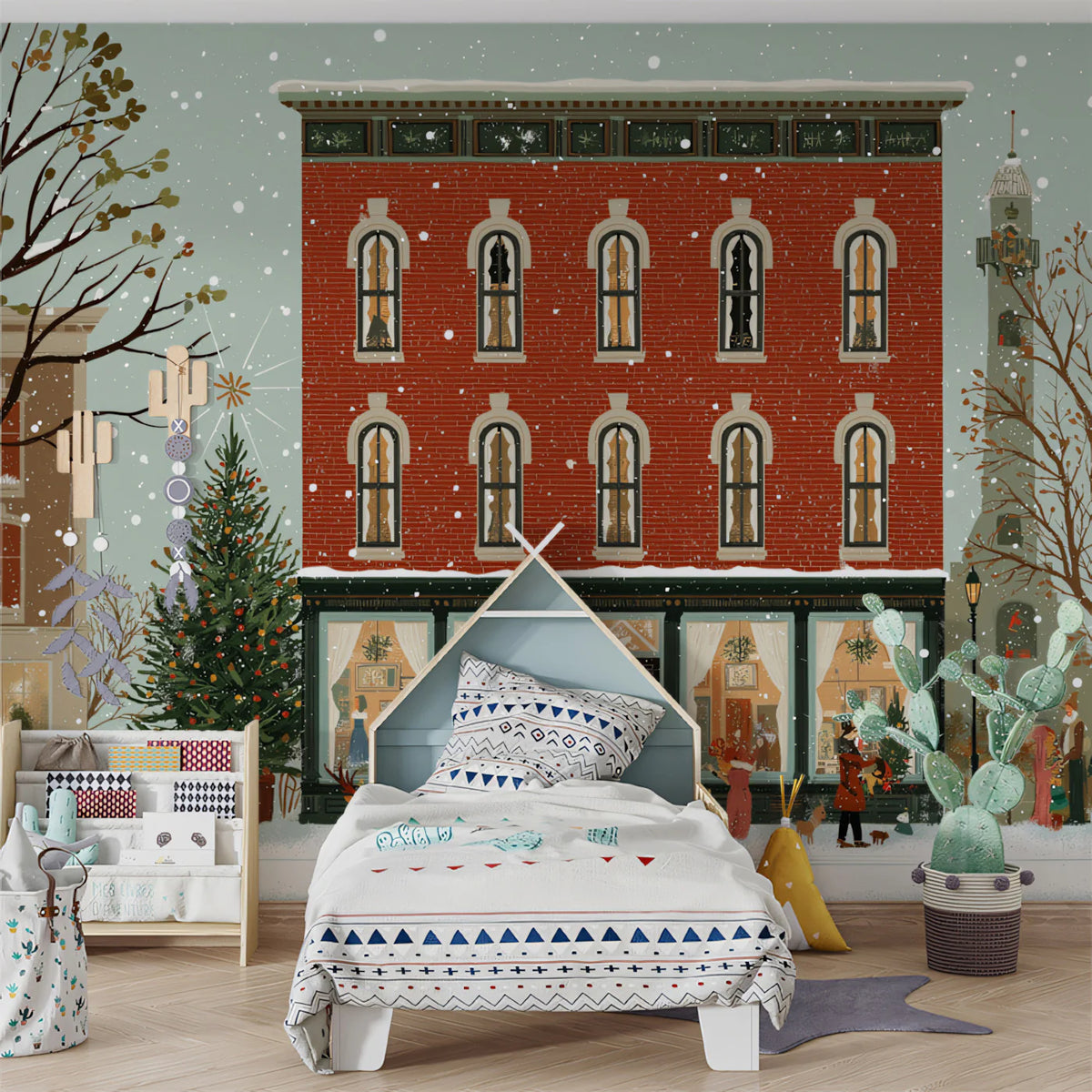 Snowy Christmas Town Street Mural Wallpaper — Whimsical Holiday Scene Mural Wallpaper - pure wallpaper artwork