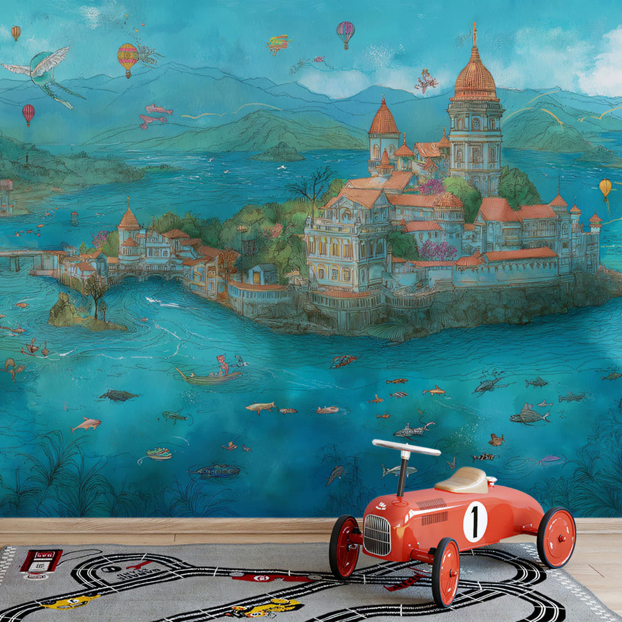 Fantastical Island Kingdom Mural Wallpaper — Whimsical Coastal Art Mural Wallpaper