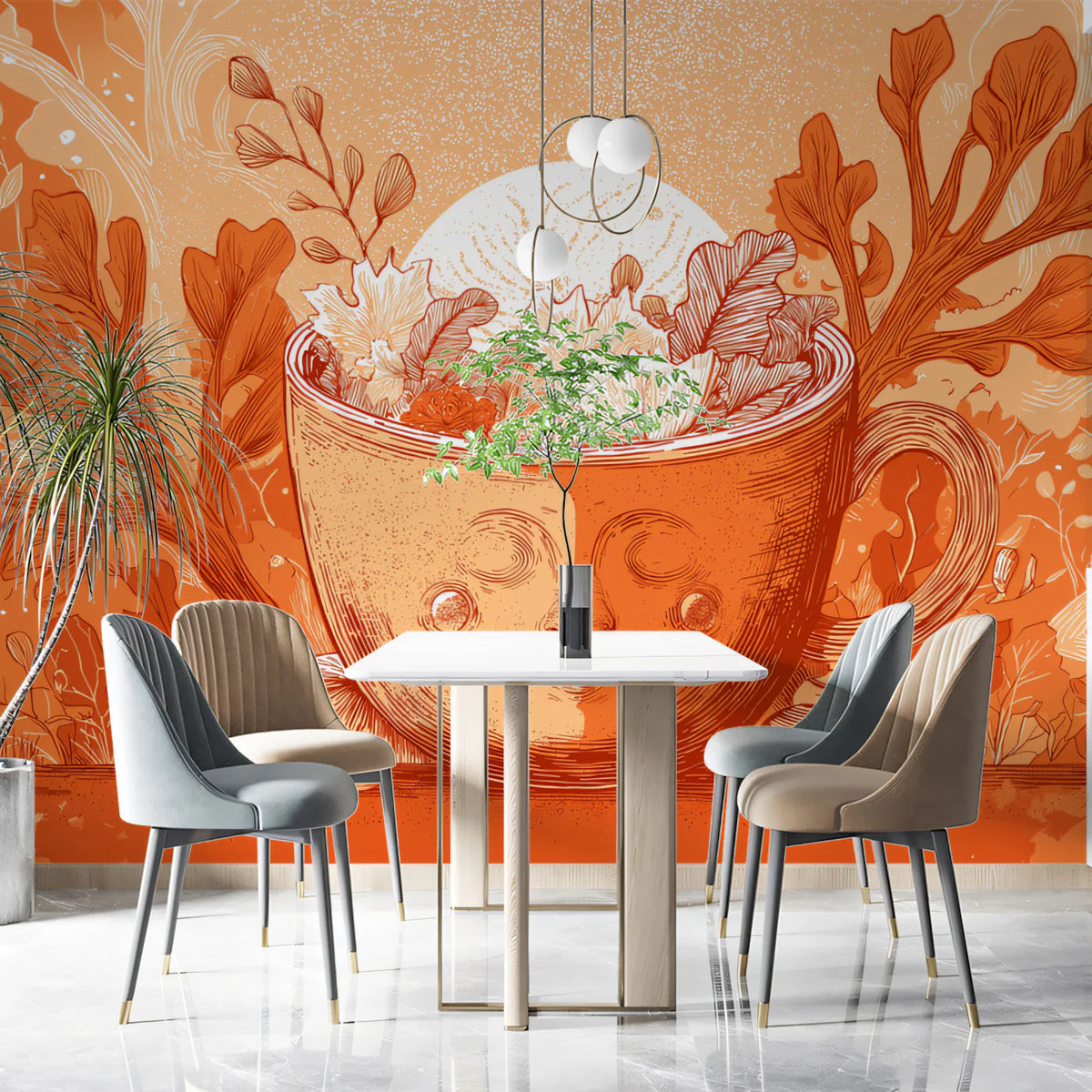 Autumnal Mug Face Mural Wallpaper — Whimsical Fall Illustration Mural Wallpaper - pure wallpaper artwork