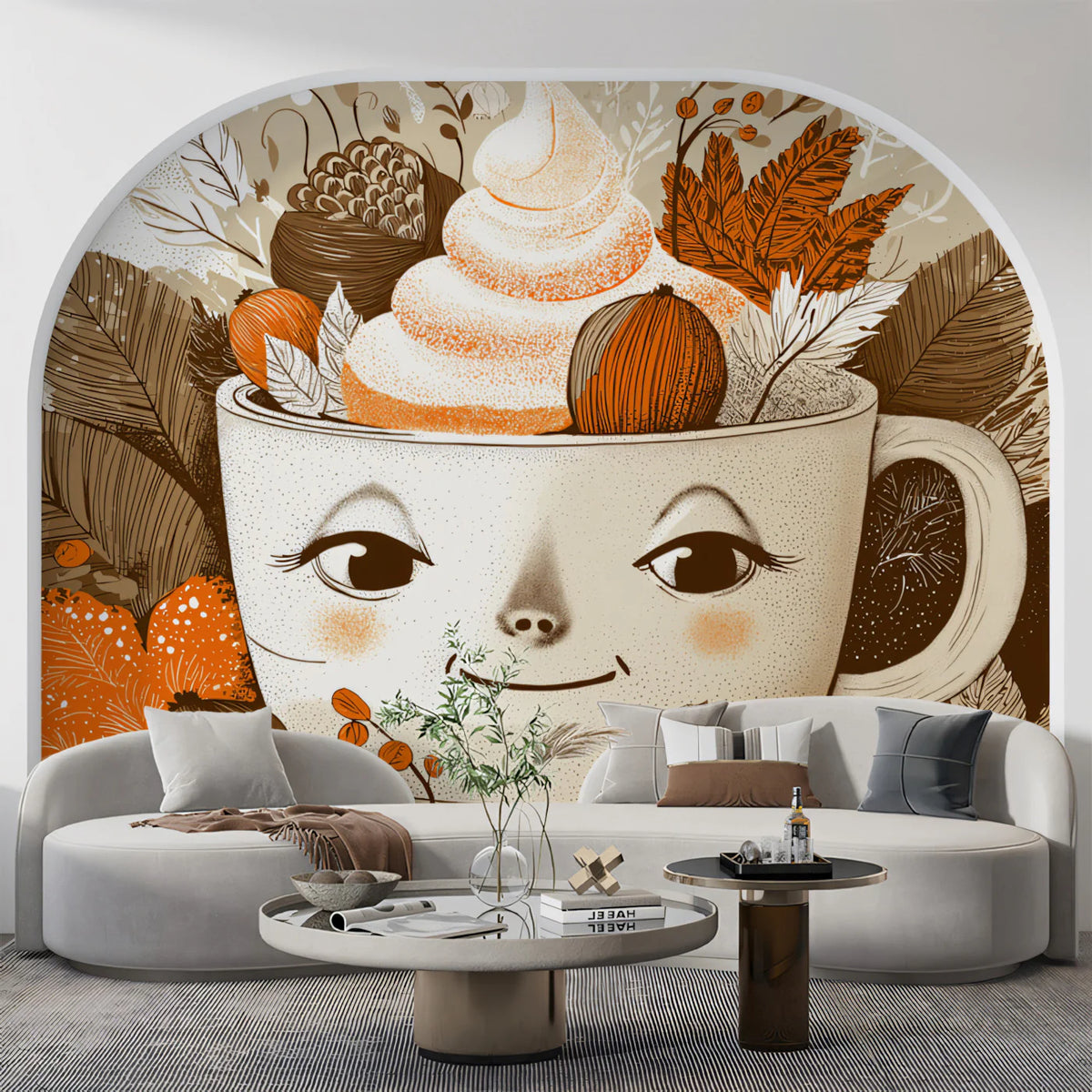 Autumn Whimsy Mug Mural Wallpaper — Warm Seasonal Illustration Mural Wallpaper - pure wallpaper artwork