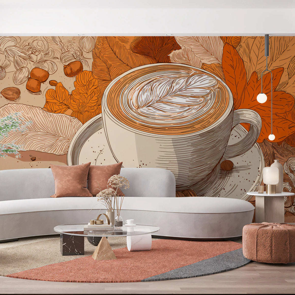 Autumn Coffee Latte Mural Wallpaper — Warm Harvest Illustration Mural Wallpaper - pure wallpaper artwork
