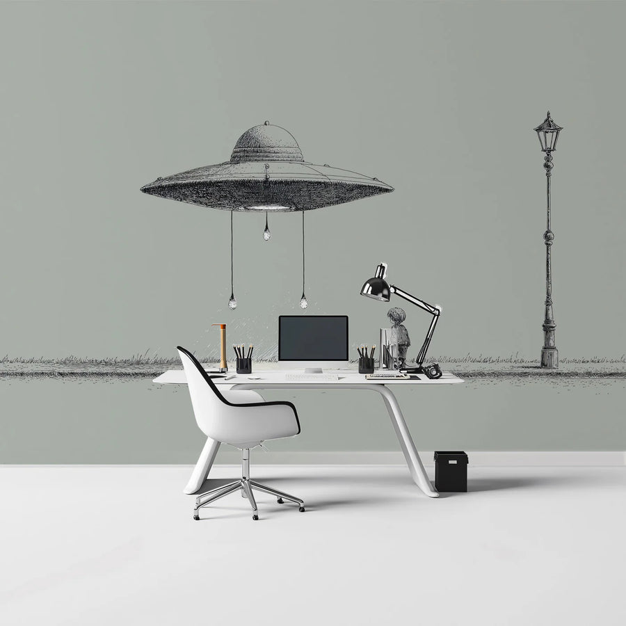 UFO Encounter Sketch Mural Wallpaper — Whimsical Minimalist Design Mural Wallpaper