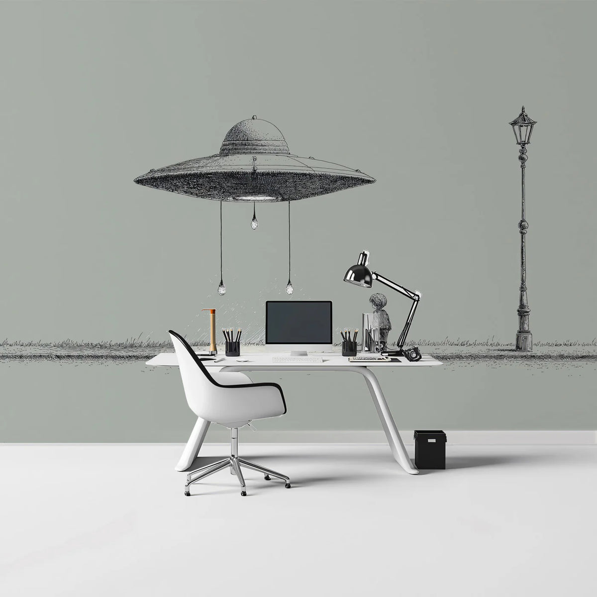 UFO Encounter Sketch Mural Wallpaper — Whimsical Minimalist Design Mural Wallpaper - pure wallpaper artwork