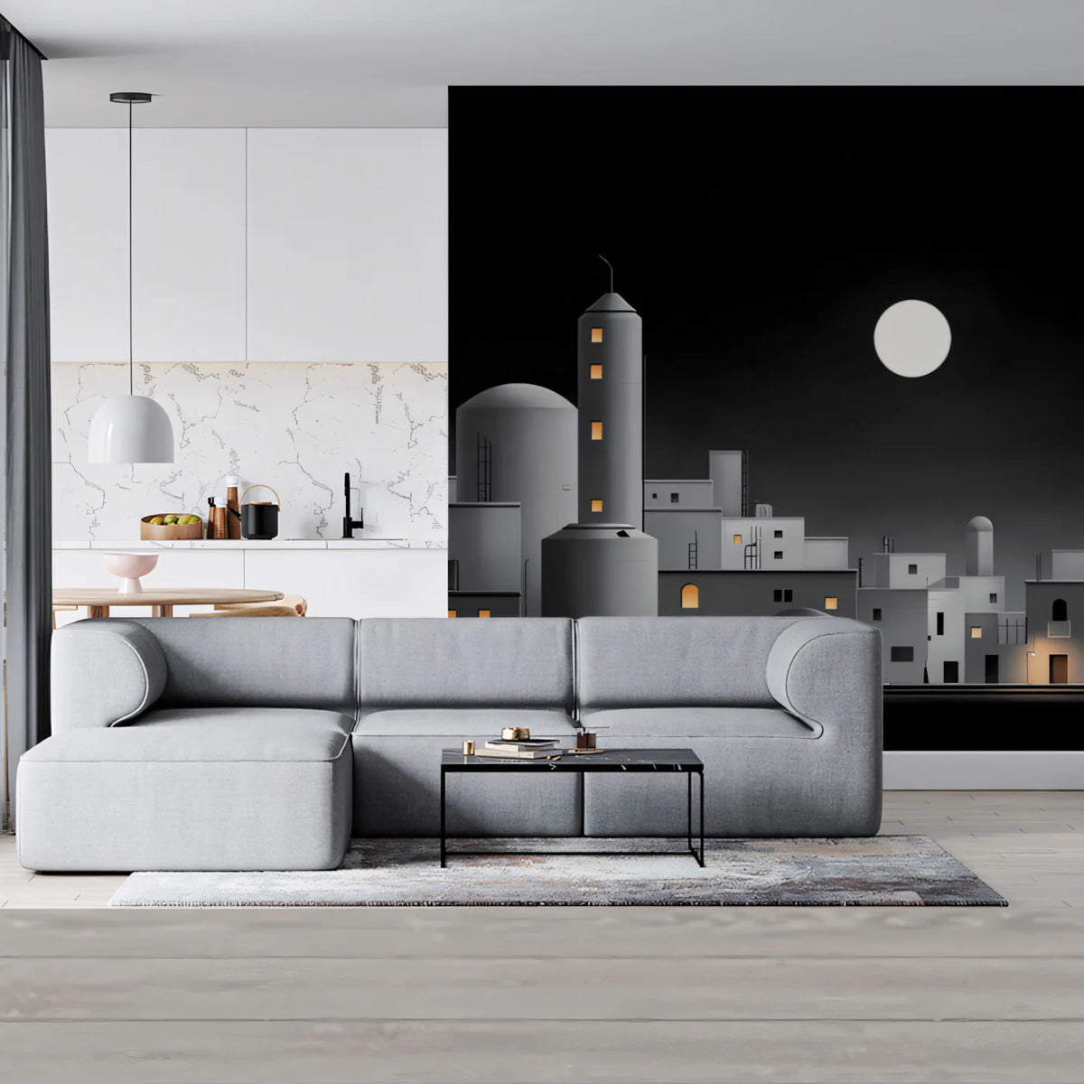 Minimalist Industrial Night Mural Wallpaper — Architectural Cityscape Mural Wallpaper - pure wallpaper artwork