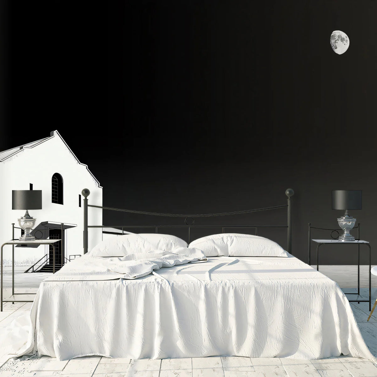 Minimalist Night Church Mural Wallpaper — Striking Monochrome Scene Mural Wallpaper - pure wallpaper artwork