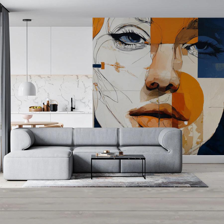 Abstract Portrait Geometric Mural Wallpaper in Navy and Ochre Mural Wallpaper